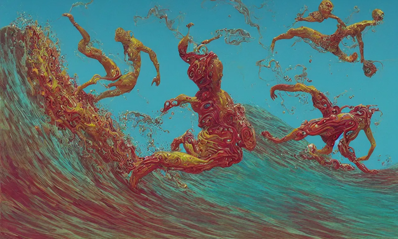 Image similar to a surfing banana, body horror, by gerard brom, zdzisław beksinski and lisa frank