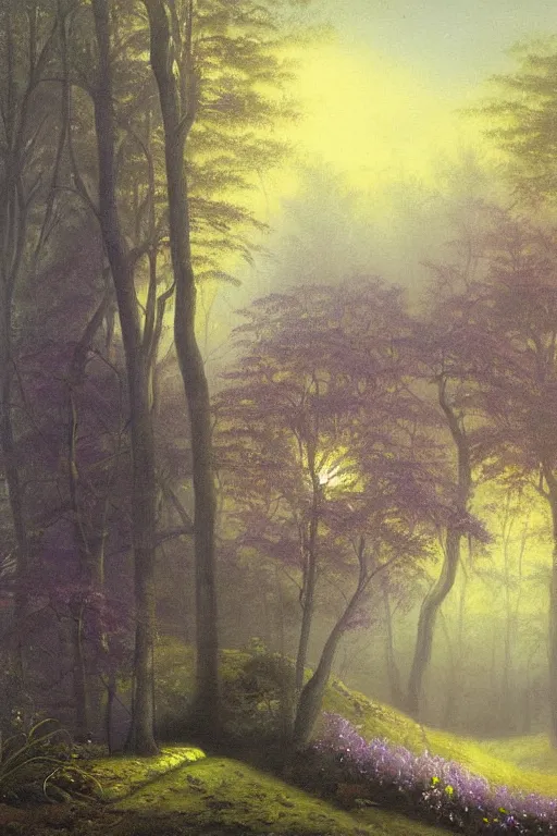 Prompt: moody painting of tiny purple morning glory flowers vining and growing in a forest dimly lit by morning light. foggy volumetric lighting, muted colour palette oil painting on canvas, asher brown durand