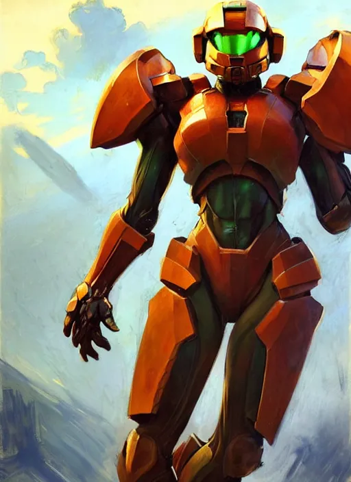 Prompt: Greg Manchess painting of Samus from Metroid Prime wearing Forerunner Armor from Halo, countryside, calm, fantasy character portrait, dynamic pose, above view, sunny day, thunder clouds in the sky, artwork by Jeremy Lipkin and Giuseppe Dangelico Pino and Michael Garmash and Rob Rey, very coherent asymmetrical artwork, sharp edges, perfect face, simple form, 100mm