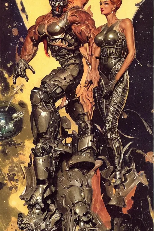 Prompt: full body portrait of rich piana as armoured demon standing beside elegant space woman in latex spacesuit, by norman rockwell, jack kirby, jon berkey, earle bergey, craig mullins, ruan jia, jeremy mann, tom lovell, marvel, astounding stories, 5 0 s pulp illustration, scifi, fantasy, artstation creature concept