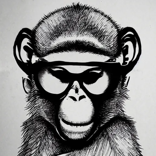 Prompt: monkey with sunglasses intricate ink drawing, highly detailed in the style of Ashley Wood