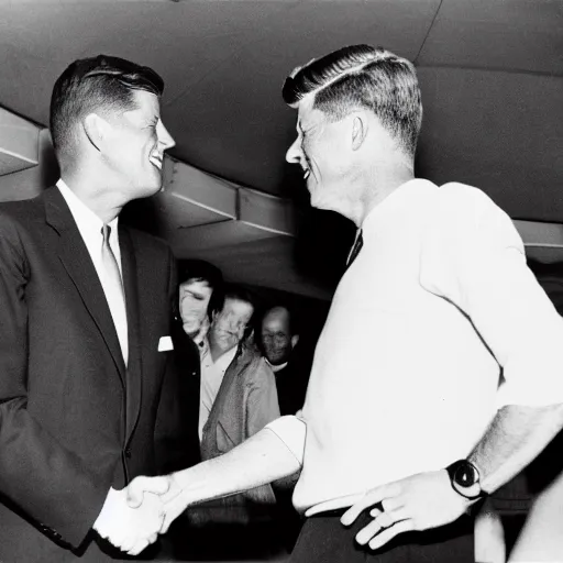 Image similar to a black and white photo of president kennedy shaking hands with a 1 9 5 0 s space alien