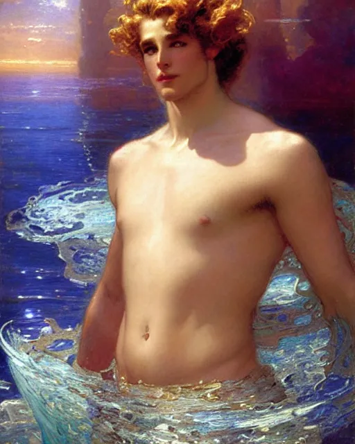Prompt: attractive god neptune speaking with the aquatic life, painting by gaston bussiere, craig mullins, j. c. leyendecker,