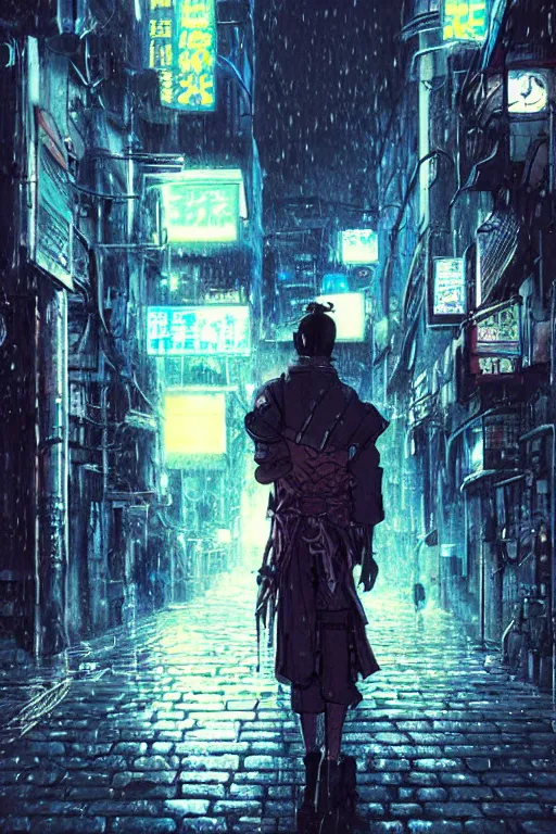 Image similar to a cyberpunk samurai in a raining cobblestone alleyway in tokyo, neon lights, full moon, fog cinematic greg rutkowski anime art hunter x hunter togashi