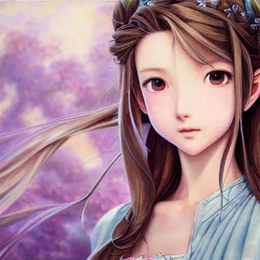 Image similar to aerith gainsborough, ultra detailed painting at 1 6 k resolution and epic visuals. epically beautiful image. amazing effect, image looks crazily crisp as far as it's visual fidelity goes, absolutely outstanding. vivid clarity. ultra. iridescent. mind - breaking. mega - beautiful pencil shadowing. beautiful face. ultra high definition, range murata and artgerm