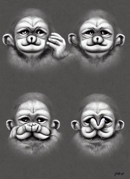 Image similar to three wise monkeys, see no evil, hear no evil, speak no evil, ralph goings, digital art