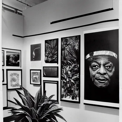 Prompt: A black and white photography of an exhibition space with works of Sun Ra, Marcel Duchamp and tropical plants, 60s, offset lithography print, newspaper, distant shot