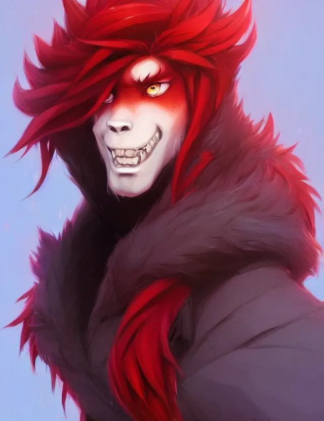 Image similar to character concept art of a black anthropomorphic male furry wolf long red hair | | cute - fine - face, pretty face, key visual, realistic shaded perfect face, fine details by stanley artgerm lau, wlop, rossdraws, james jean, andrei riabovitchev, marc simonetti, and sakimichan, trending on artstation