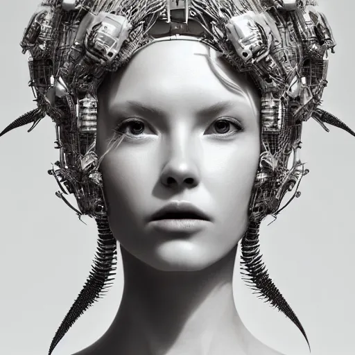 Image similar to closeup portrait of an absurdly beautiful, graceful, sophisticated, fashionable cyberpunk mechanoid gravure idol, an ultrafine hyperdetailed illustration by irakli nadar, matt wisniewski style, fashion photography, intricate linework, porcelain skin, jellyfish headdress, fractal ivory carved ruff, unreal engine 5 highly rendered, global illumination, radiant light, detailed and intricate environment