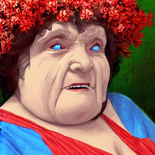 Image similar to of a very funny ambient occlusion render. a sweet fat old woman is in love with her self. flowery dress. symmetrical face, red mouth, blue eyes. deep focus, lovely scene. ambient occlusion render. concept art. unreal engine. pencil and ink. goya painting style.