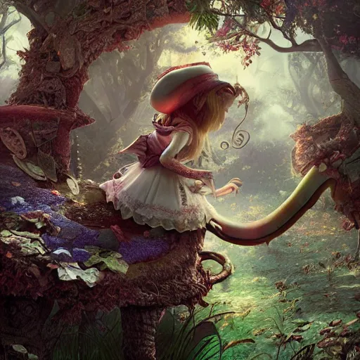 Image similar to alice in wonderland, illustration, 3 d, mistic atmosphere, scarry, octane render, intricate, hyper detailed, morning light, cute, well rendered