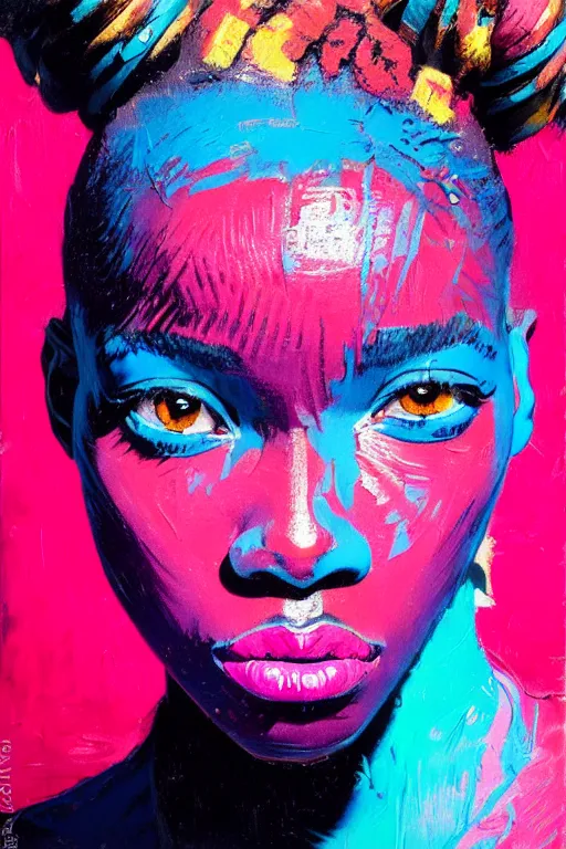 Image similar to portrait of a stylized african young lady, painted in acrylic, pigment textures, wet paint, in the colors hot pink and cyan, beautiful realistic face, rule of thirds, spotlight, by greg rutkowski, by jeremy mann, by francoise nielly, by van gogh, by ross tran, in focus