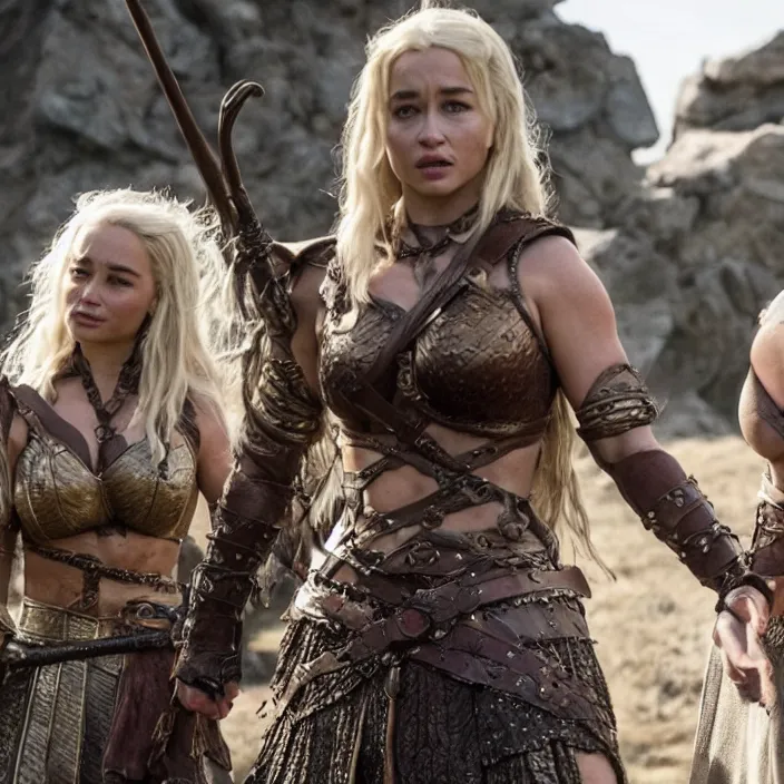 Prompt: movie still of lindsey pelas and emilia clarke as xena