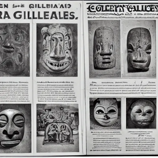 Prompt: A full page advertisement for a colonial gallery, Precolombian artifacts, masks, objects, newspaper style, black and white, Precolombian Arts magazine, 70s