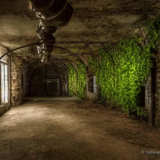 Image similar to you wake up on a cold bench, you look around. you find out that you are locked inside a musky cold abounded cellar with vines, moss and mushrooms growing around you, realistic, hdr, clear image, hdd, rtx on, dynamic lighting,