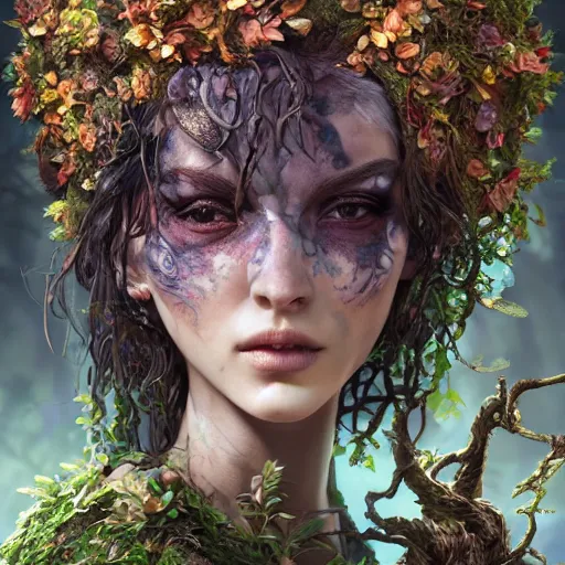 Prompt: high definition digital fantasy character art, hyper realistic face, hyperrealism, elemental guardian of life, forest dryad, woody foliage, 8 k dop dof hdr fantasy character art, by aleski briclot and alexander'hollllow'fedosav and laura zalenga