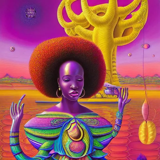 Image similar to a regal and elegant african queen with a colorful afro sitting in a cabana on top of an extremely large steampunk elephant near a pink lake with a large glowing baobab tree, by amanda sage and alex grey and evgeni gordiets in a surreal psychedelic style, oil on canvas 8k, hd