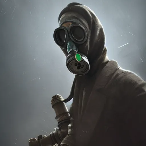 Prompt: hooden villain wearing a gas mask with smoke coming out of his body, dark background, unreal engine 5, ultra realistic, detailed, fog, by greg rutkowski