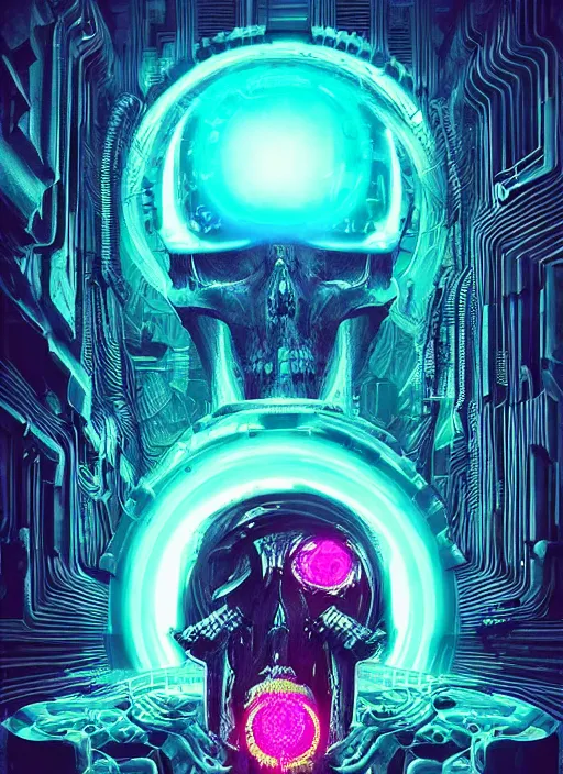 Image similar to a futuristic skull with glowing eyes and a wormhole tunnel cyberpunk art by android jones, cyberpunk art by beeple!!!!, featured on artstation, darksynth, synthwave