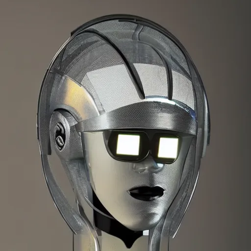 Prompt: a robot helmet made entirely of glass indoor lighting, studio project