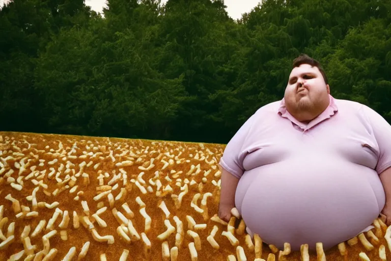 Image similar to a very obese person in a field of hamburgers, photography, telephoto