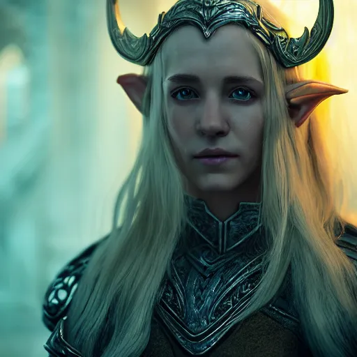 Image similar to the elder scrolls vi, charismatic regal blonde high elf female jarl, portrait, throne room, atmospheric lighting, painted, intricate, volumetric lighting, beautiful, daytime, sunny weather, slight overcast, sharp focus, deep colours, ultra detailed, by leesha hannigan, ross tran, thierry doizon, kai carpenter, ignacio fernandez rios