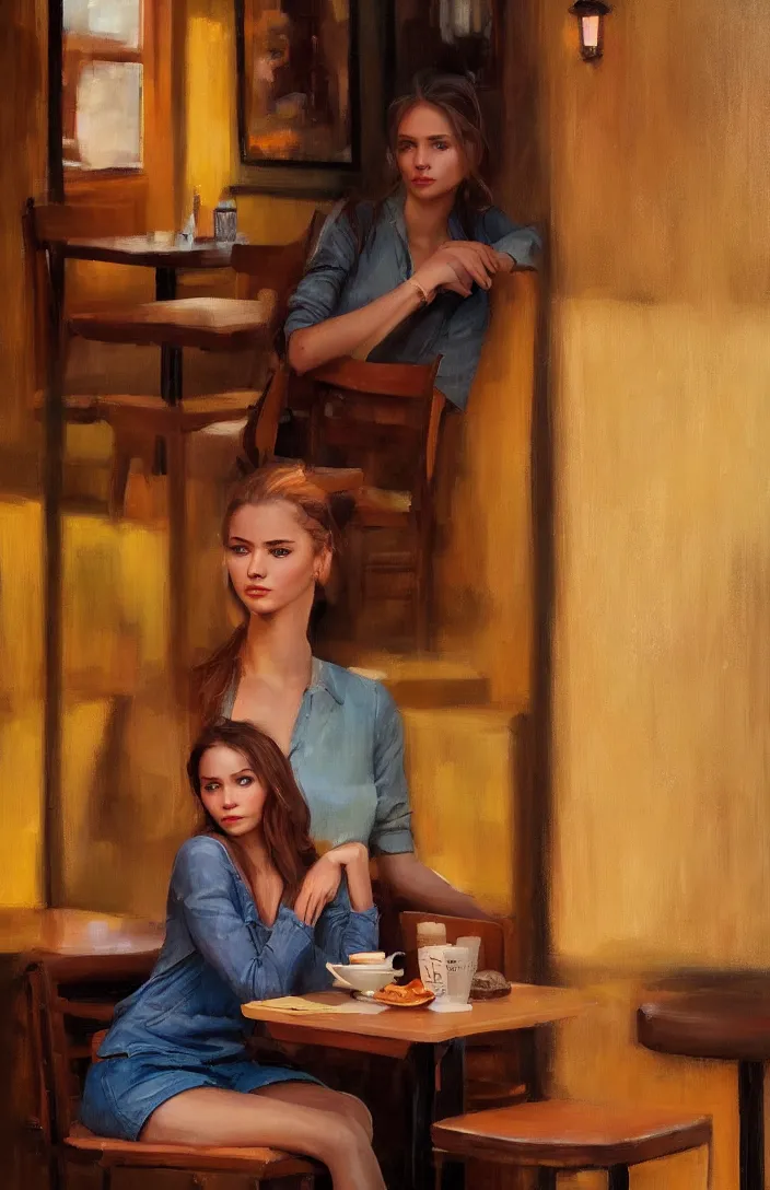 Image similar to a portrait of a beautiful girl sitting in a cafe, cuban setting, warm colors, soft lighting, atmospheric, cinematic, moody, in the style of diego koi, gina heyer, luiz escanuela, art by alyssa monk, hyperrealism, rule of thirds, oil on canvas, 8 k