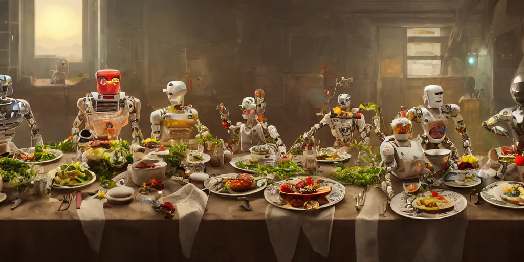 Image similar to a table dinner of robots where robots are dressed like the characters from the midsommar movie, cinematic, hyperdetailed, octane render, trending on art station, ultrarealistic