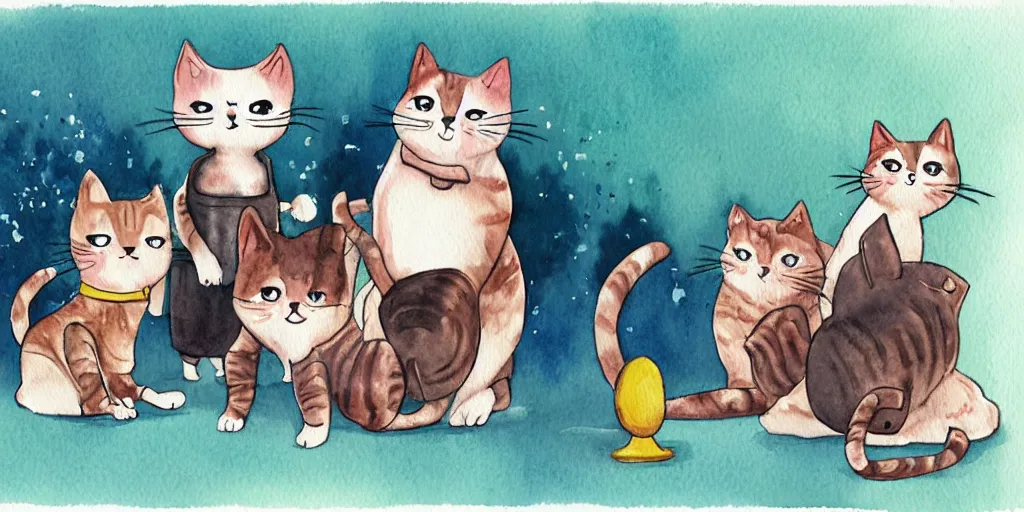 Image similar to watercolor illustration style, cute cats training in gym