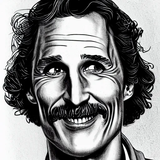 Image similar to a portrait drawing of Mathew McConaughey drawn by Robert Crumb