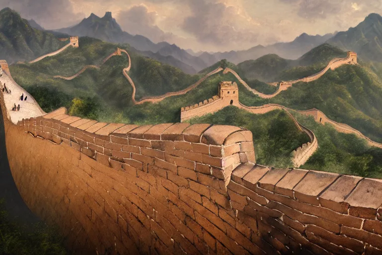 Prompt: photorealistic painting of the Great Wall Of China being destroyed by alien weapons by Samuel Palmer and Bernardo Bellotto, gloomy, rainy, terror, doom, octane render, 8k, award-winning, trending on artstation