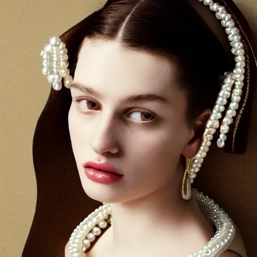 Image similar to behind the scenes of girl with a pearl ear ring by vermeer cinematic lighting vogue cover shoot, detailed face, headshot and body shot, taken in the 1600s, very very very very detailed face, beautiful nostalgic quality