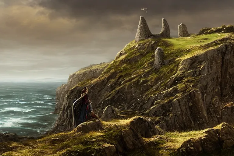 Prompt: 2 medieval warriors travelling on a cliff to a background castle , view of a coast line landscape , English coastline, Irish coastline, scottish coastline, perspective, folklore, King Arthur, Lord of the Rings, Game of Thrones. Photographic, Photography, photorealistic, concept art, Artstation trending , cinematic lighting, cinematic composition, rule of thirds , ultra-detailed, dusk sky , low contrast, natural lighting, fog, realistic, light fogged, detailed, atmosphere hyperrealistic , volumetric light, ultra photoreal, 35mm, Matte painting, movie concept art, hyper-detailed, insanely detailed, corona render, octane render, 8k