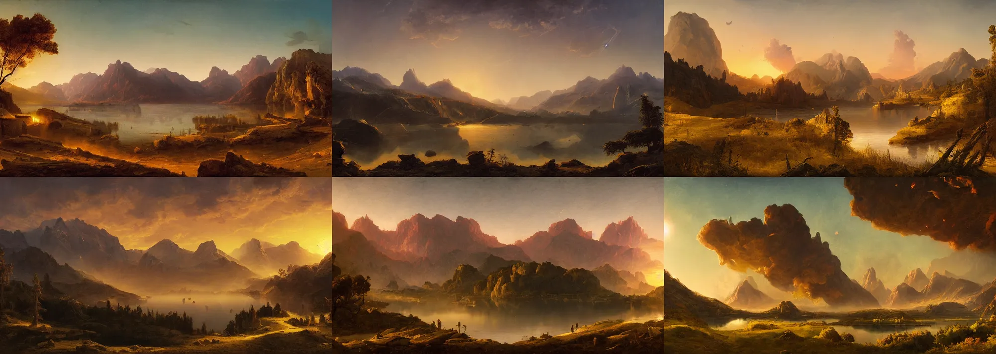 Prompt: painting of a landscape destroyed by asteroids, explosions, fire, apocalypse, first light, sunrise, golden hour, mountains, lake, lush grass, by raphael lacoste