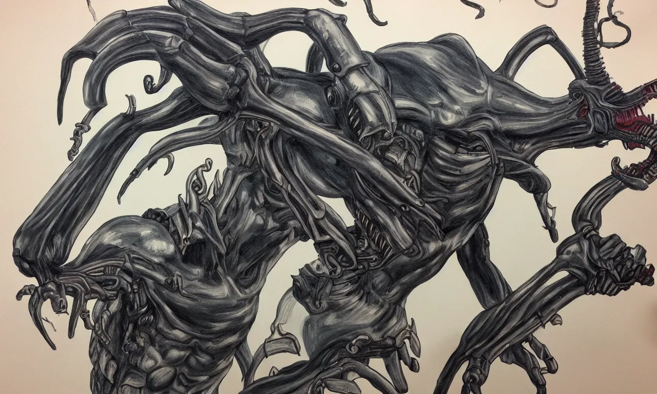 Image similar to a paiting of a xenomorph drawn by a kid