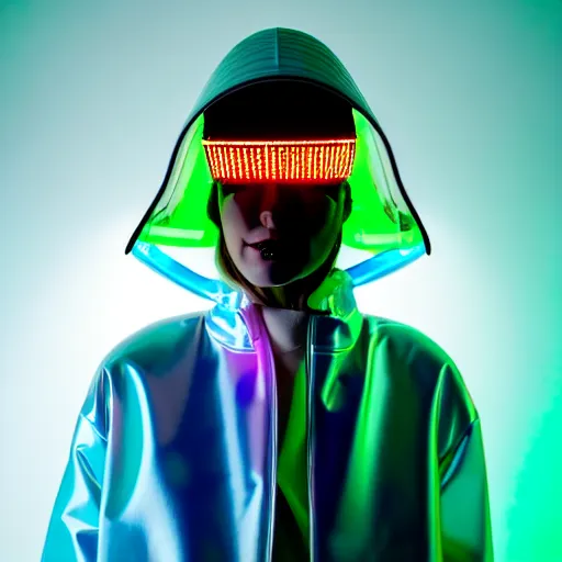 Image similar to an ultra high definition professional studio quality portrait photograph of an artificial celebrity cyberpunk pop star wearing a transparent iridescent perspex pastel coloured face visor and matching raincoat in an empty white room. dramatic lighting. volumetric shadows. light rays