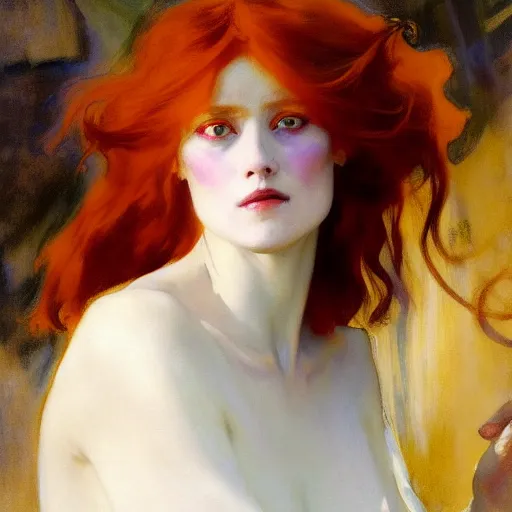 Prompt: redheaded prophetess, fully clothed in white chiton, by john singer sargent and gaston bussiere and james jean and grzegorz rutkowski