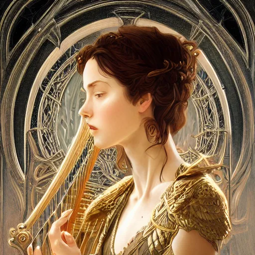 Image similar to a strange harp, d & d, fantasy, intricate, elegant, symmetrical face, highly detailed, digital painting, artstation, concept art, smooth, sharp focus, illustration, art by artgerm and greg rutkowski and alphonse mucha