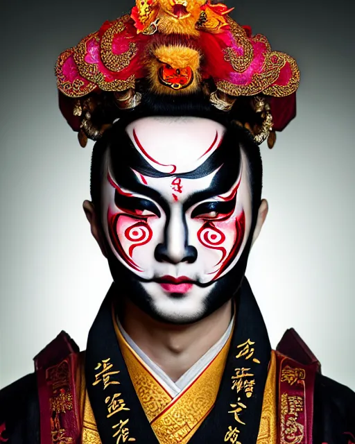 Prompt: photo of a Dramatic Peking Opera male character wearing elaborate makeup with Sanskrit devanagari script words painted on face in the style of stefan kostic, realistic, sharp focus, symmetric, 8k high definition, insanely detailed, intricate, elegant, art by stanley lau and artgerm, William-Adolphe Bouguereau