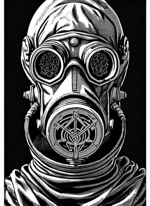 Prompt: portrait of the old necromancer, wearing a wizard cloak, gas mask, in the style of peter morchbacher, hyper detailed, intricate, complex, 8 k, crisp,