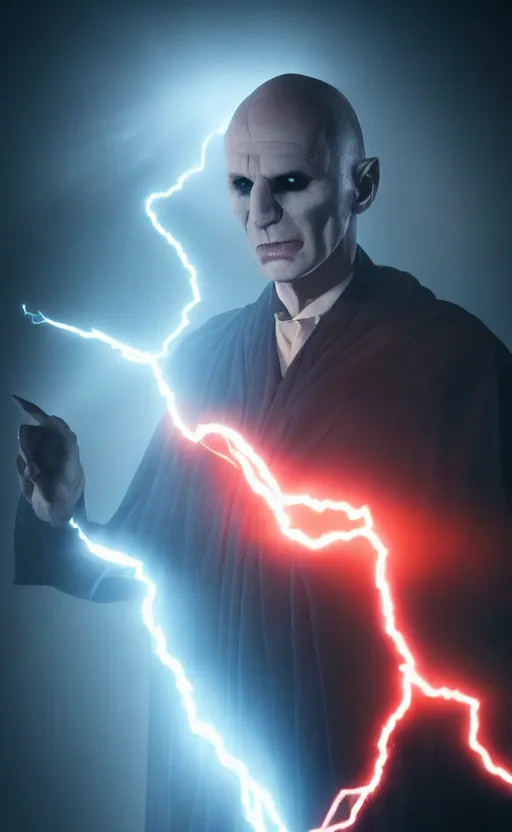 Image similar to Lord Voldemort casting an electricity spell. Digital art trending on artstation. 4k. Tyndall effect.