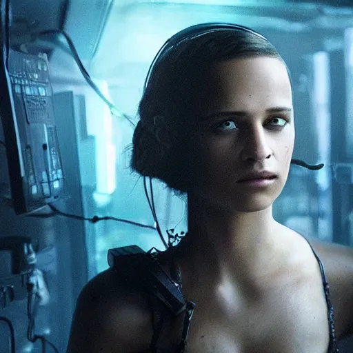 Prompt: Alicia vikander as beautiful female cyberpunk hacker, photorealistic,
