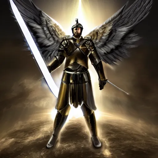 Image similar to an archangel soldier holds a white sword above his head and points it towards the sky. The sword channels a beacon of light energy down from the clouds which refracts into many shards of light on the tip of his sword, medieval battlefield, artstation, 8k, incredibly detailed art