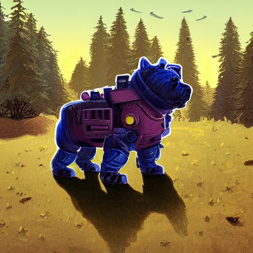 Image similar to a chow chow in a mech suit in the style of simon stalenhag