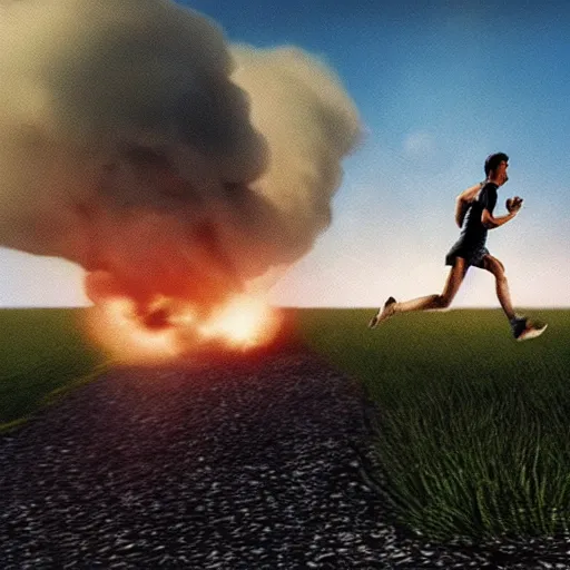 Image similar to cctv footage of a man running across a field, in the background is a large explosion, highly detailed, very realistic.