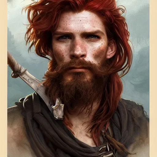 Image similar to portrait of a young ruggedly handsome but charming pirate, male, freckles, masculine, upper body, red hair, long hair, d & d, fantasy, intricate, elegant, highly detailed, digital painting, artstation, concept art, matte, sharp focus, illustration, art by artgerm and greg rutkowski and alphonse mucha