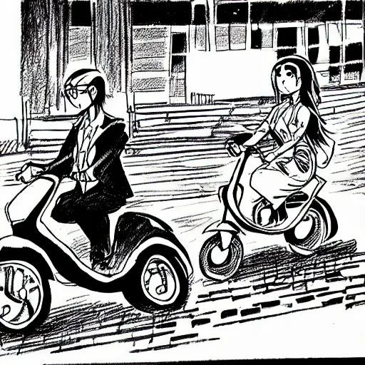 Image similar to a drawing of a man and a woman riding a scooter, a comic book panel by hiromu arakawa, featured on pixiv, tachisme, rtx, anime, art