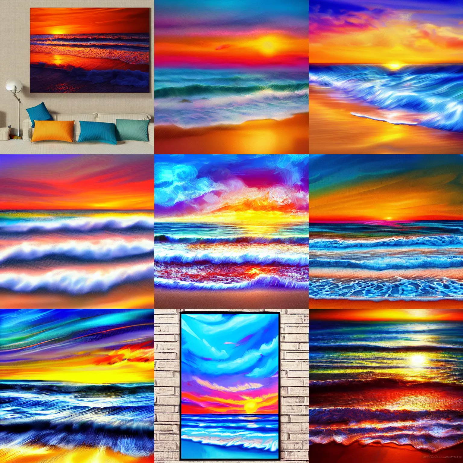Prompt: vibrant digital oil art beach sunset blur waves
