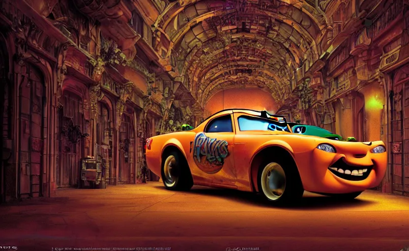 Image similar to mater from cars in a mirrored fractal hallway, romance novel cover, in 1 9 9 5, y 2 k cybercore, low - light photography, still from a ridley scott movie