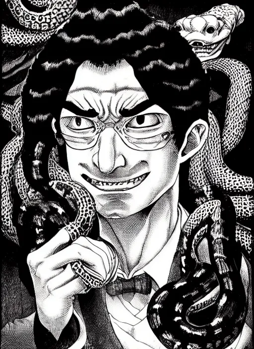 Prompt: portrait of a snake oil salesman by Kentaro Miura, it idn't greasy